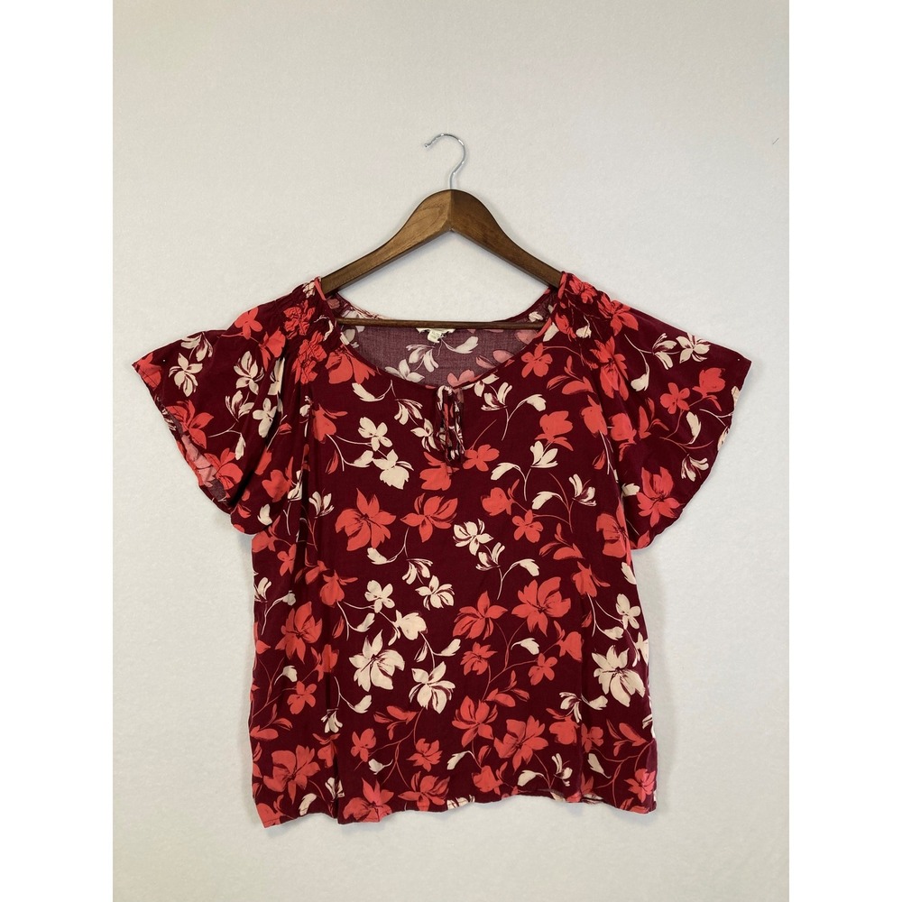 Como Blu Burgundy Floral Flutter Sleeve Tie Neck‎ Blouse XL